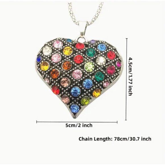 Fun Heart-Shaped Multicolor Crystal Pendant Necklace With Silver Chain - Picture 3 of 3